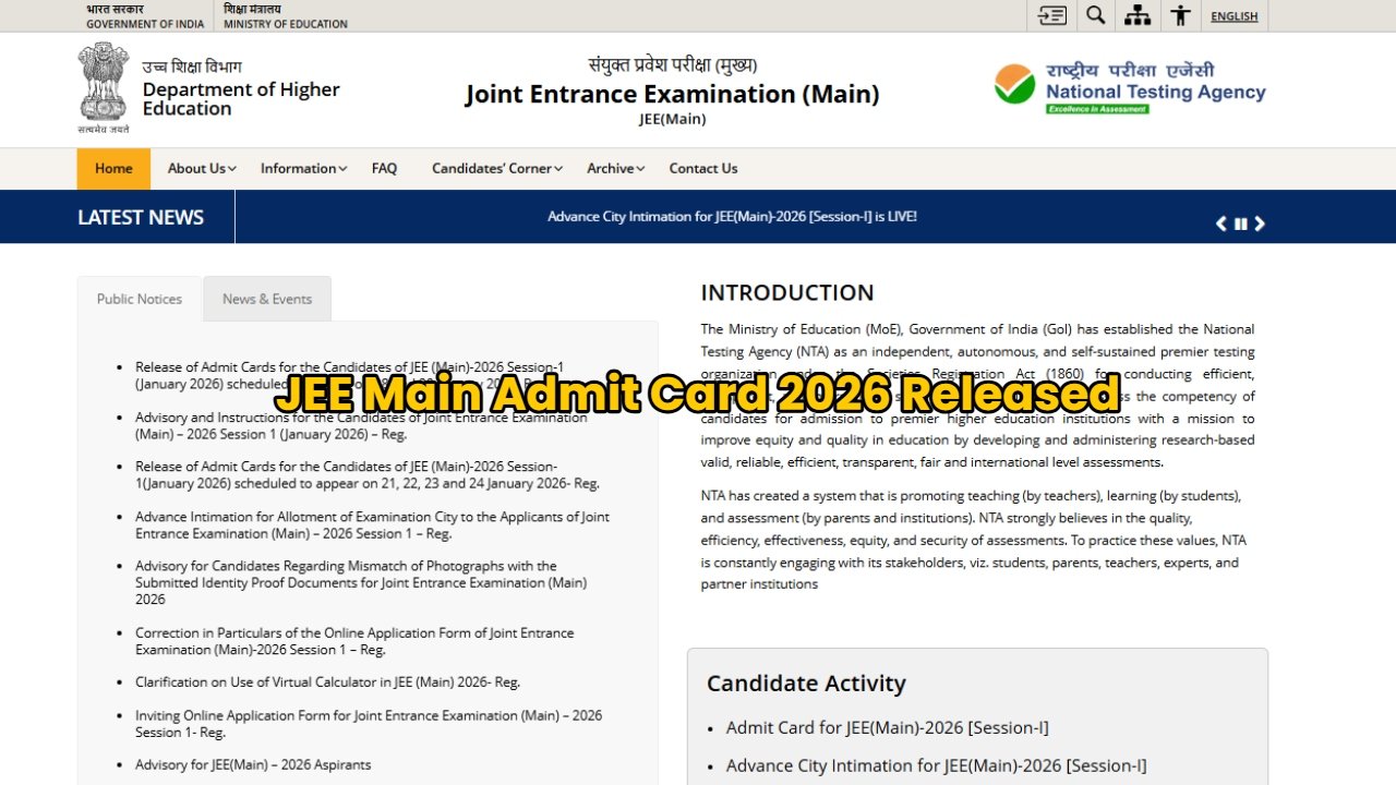 JEE Main Admit Card 2026 Released: January 28–29 Exam Hall Ticket Download Link Active